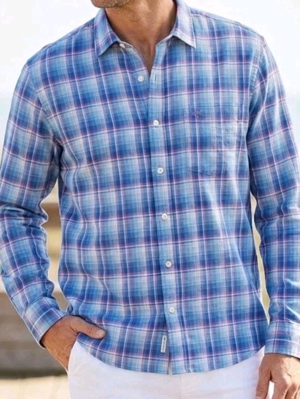Tommy Bahama Mens XL Siesta Key Stretch Nylon Blend Blue Pink Plaid Button Shirt
